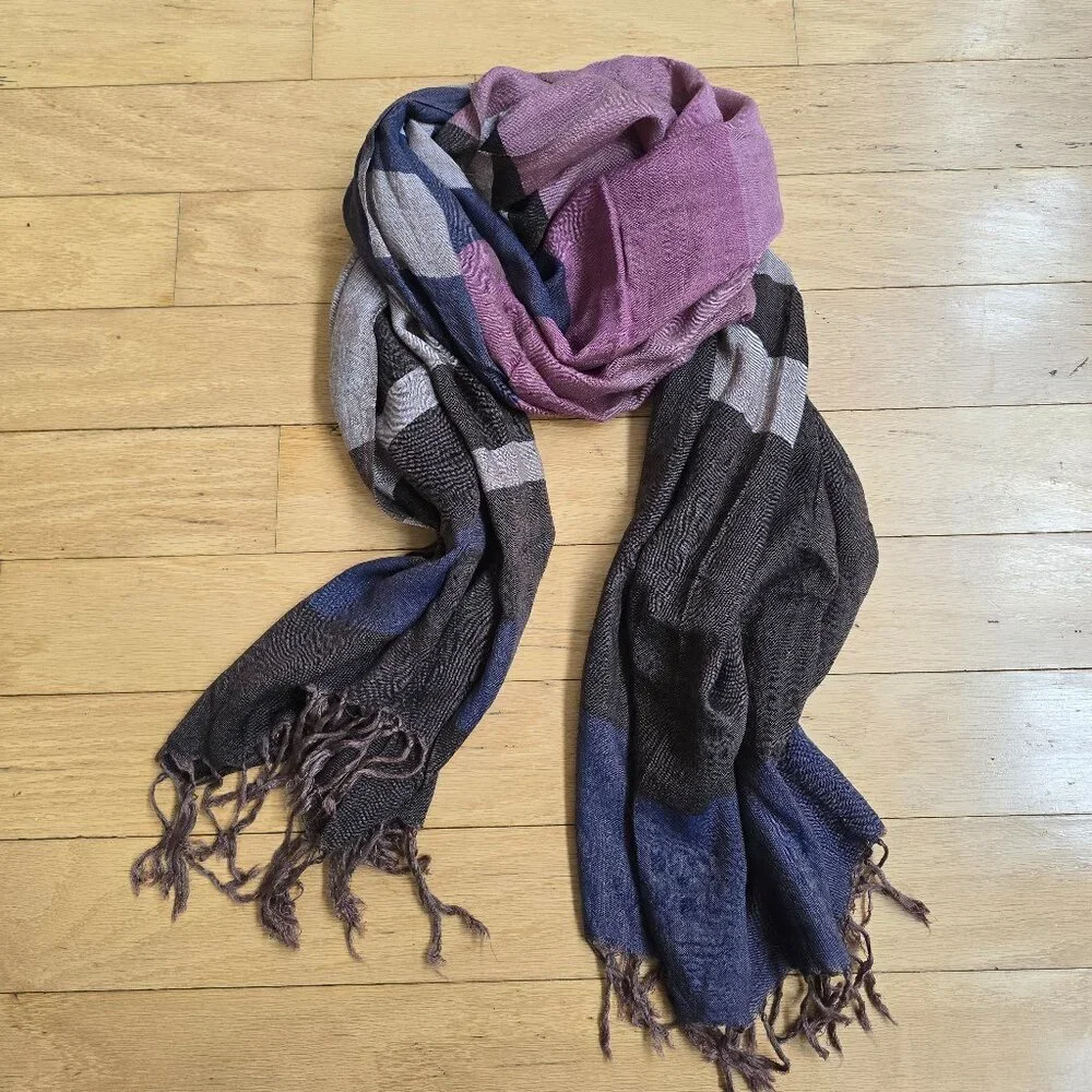 vintage 80's | whimsy brown purple colorblock medium fringe scarf